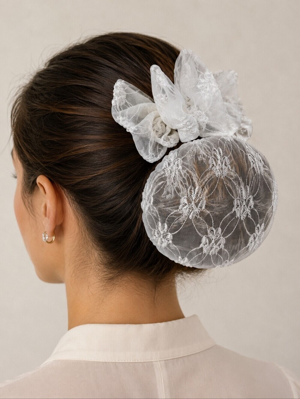 Vintage White Lace Bridal Formal Hair Bun Cover with Bow